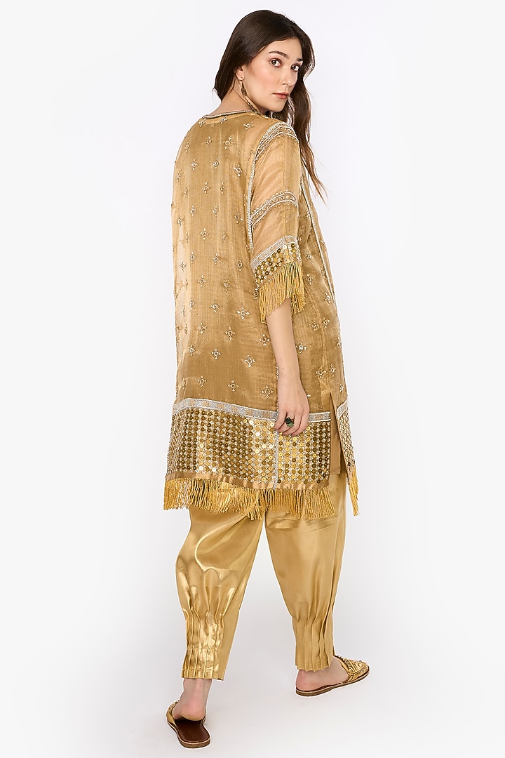 Golden Silk Organza Dabka & Aari Hand Embroidered Kaftan Set by HEIRLOOM by Rara Avis at Pernia's Pop Up Shop