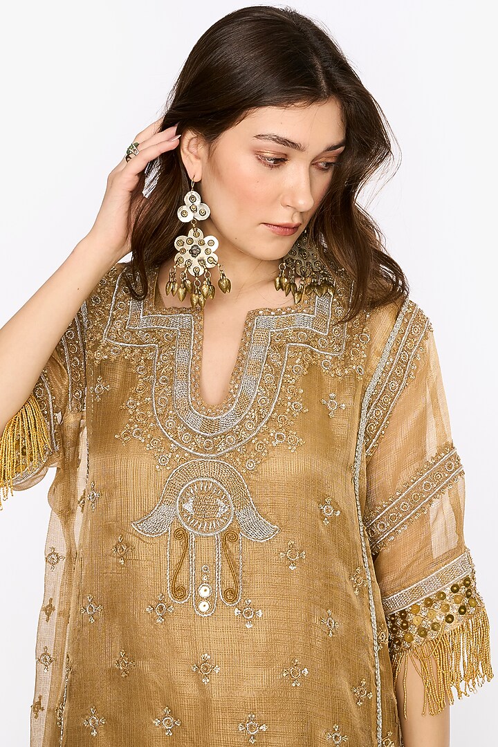 Golden Silk Organza Dabka & Aari Hand Embroidered Kaftan Set by HEIRLOOM by Rara Avis at Pernia's Pop Up Shop