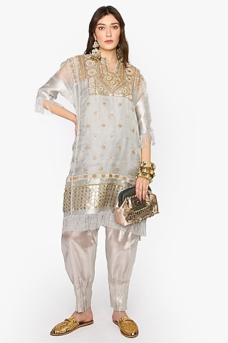 Silver Silk Organza Dabka & Aari Hand Embroidered Kaftan Set by HEIRLOOM by Rara Avis