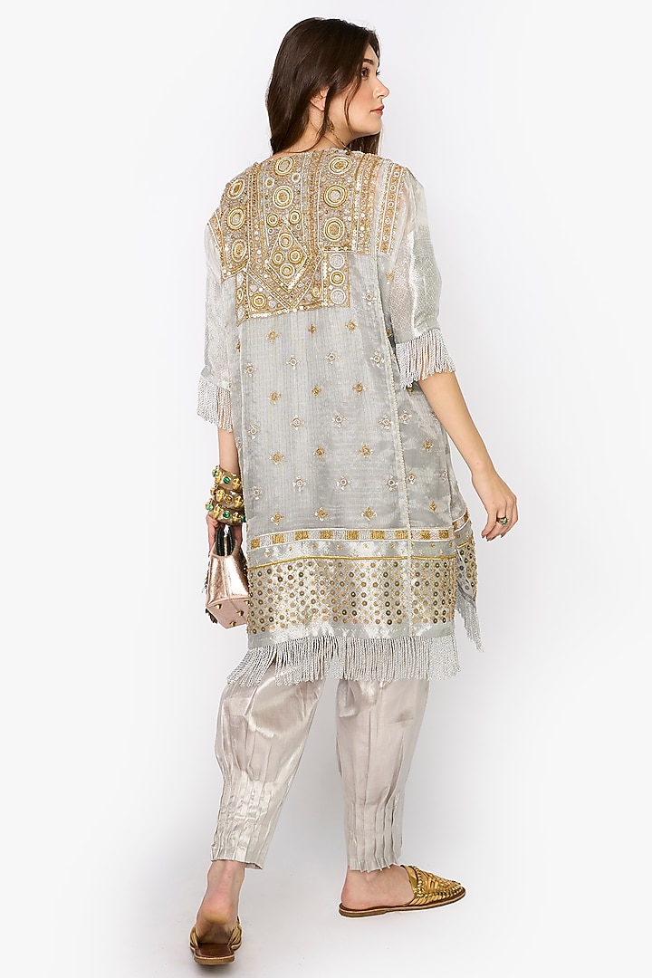 Silver Silk Organza Dabka & Aari Hand Embroidered Kaftan Set by HEIRLOOM by Rara Avis at Pernia's Pop Up Shop
