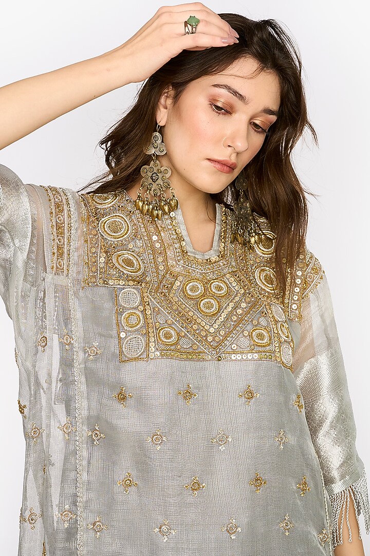 Silver Silk Organza Dabka & Aari Hand Embroidered Kaftan Set by HEIRLOOM by Rara Avis at Pernia's Pop Up Shop