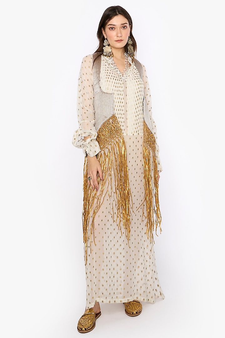 Ivory & Gold Viscose Lurex Hand Embroidered Maxi Dress With Jacket by HEIRLOOM by Rara Avis