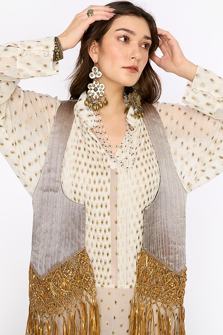 Ivory & Gold Viscose Lurex Hand Embroidered Maxi Party Wear Dress With Jacket by HEIRLOOM by Rara Avis at Pernia's Pop Up Shop