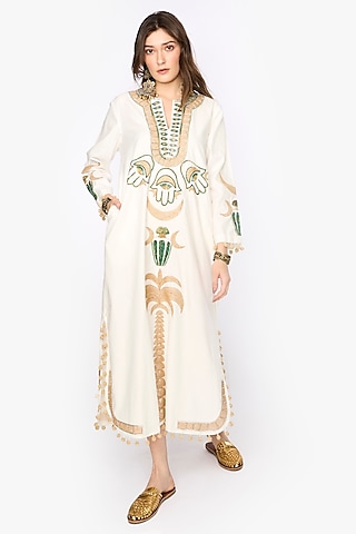 Off-White Cotton Satin Dabka & Aari Hand Embroidered Column Dress by HEIRLOOM by Rara Avis