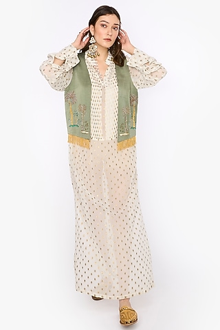 Sage Linen Satin Dabka & Aari Hand Embroidered Short Jacket by HEIRLOOM by Rara Avis