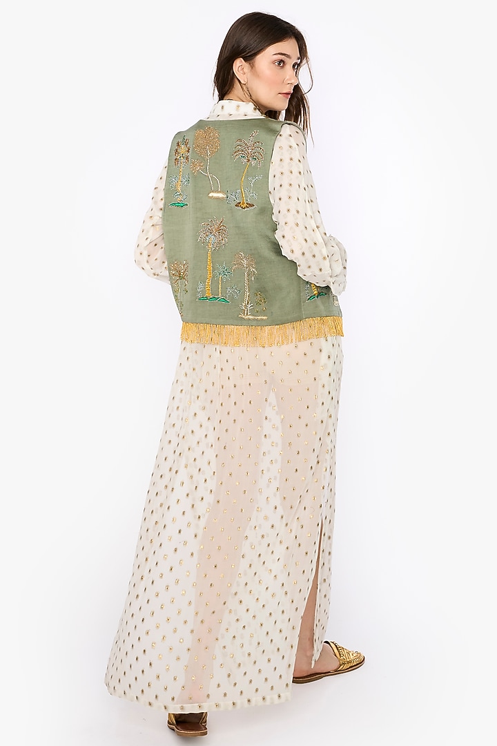 Sage Linen Satin Dabka & Aari Hand Embroidered Short Jacket by HEIRLOOM by Rara Avis at Pernia's Pop Up Shop