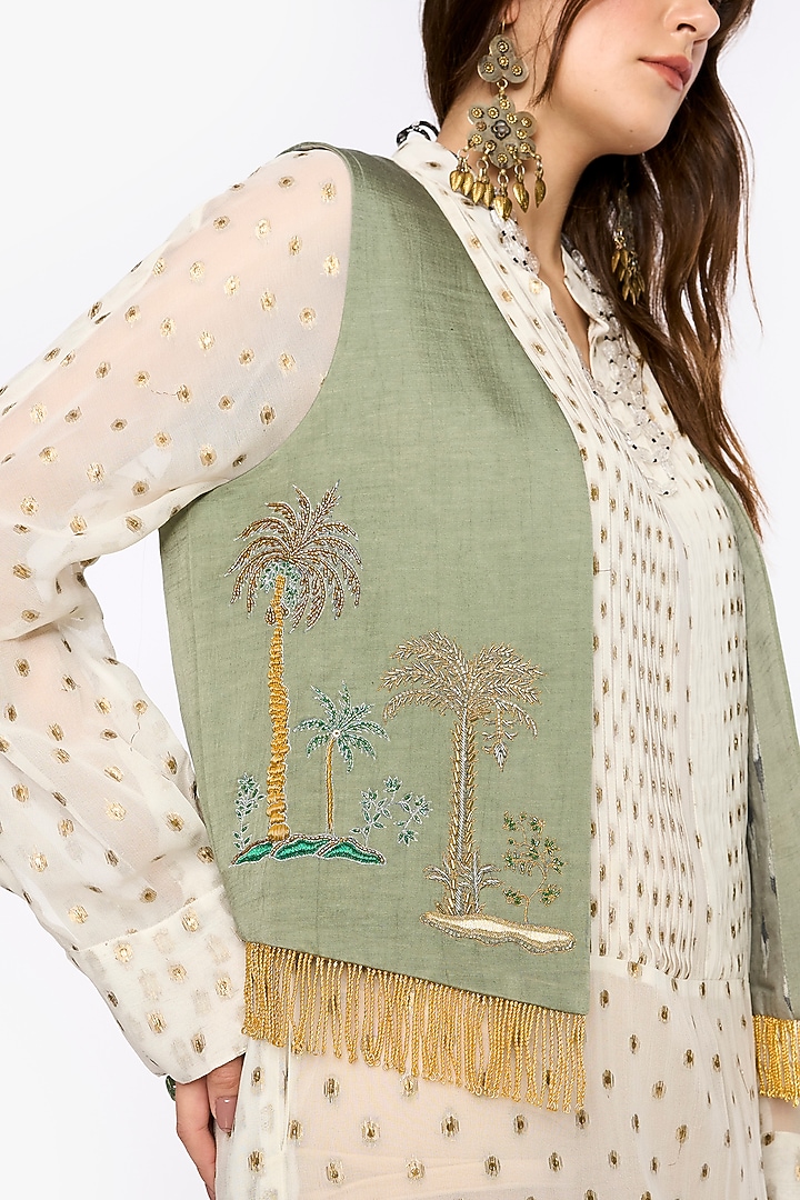 Sage Linen Satin Dabka & Aari Hand Embroidered Short Jacket by HEIRLOOM by Rara Avis at Pernia's Pop Up Shop