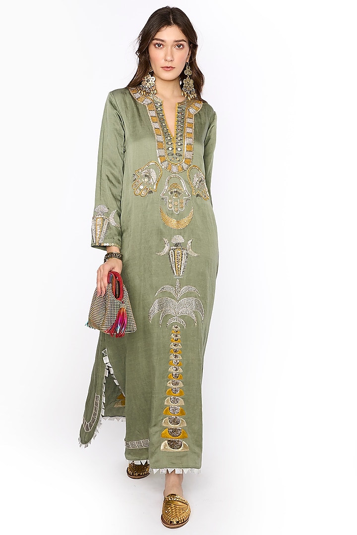 Sage Linen Satin Dabka & Aari Hand Embroidered Maxi Column Dress by HEIRLOOM by Rara Avis