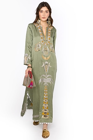 Sage Linen Satin Dabka & Aari Hand Embroidered Maxi Column Dress by HEIRLOOM by Rara Avis