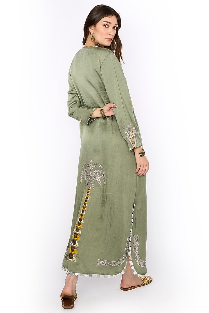 Sage Linen Satin Dabka & Aari Hand Embroidered Maxi Column Cocktail Dress by HEIRLOOM by Rara Avis at Pernia's Pop Up Shop
