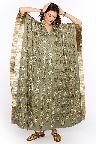 Sage Linen Satin Dabka & Aari Motif Hand Embroidered Kaftan by HEIRLOOM by Rara Avis