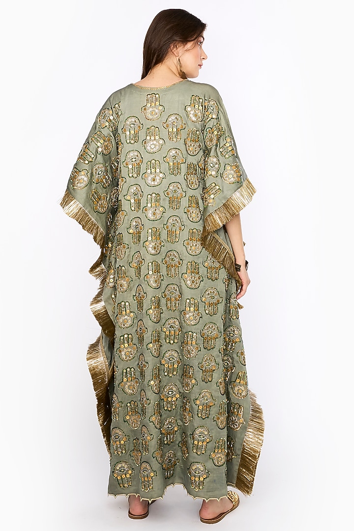 Sage Linen Satin Dabka & Aari Motif Hand Embroidered Kaftan by HEIRLOOM by Rara Avis at Pernia's Pop Up Shop