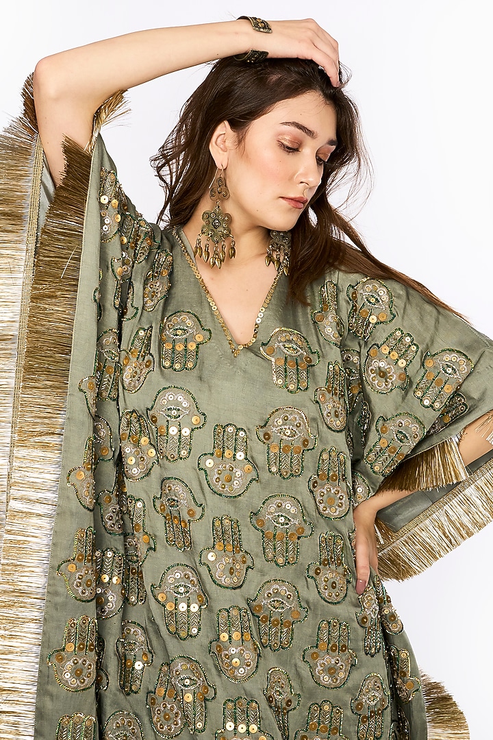 Sage Linen Satin Dabka & Aari Motif Hand Embroidered Kaftan by HEIRLOOM by Rara Avis at Pernia's Pop Up Shop