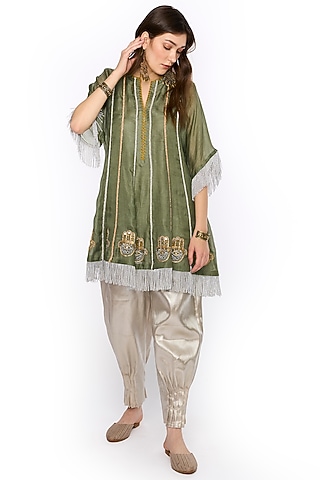 Sage Silk Organza Hand Embroidered Paneled Flared Tunic Set by HEIRLOOM by Rara Avis