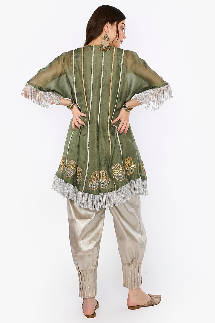 Sage Silk Organza Hand Embroidered Paneled Flared Tunic Set by HEIRLOOM by Rara Avis at Pernia's Pop Up Shop