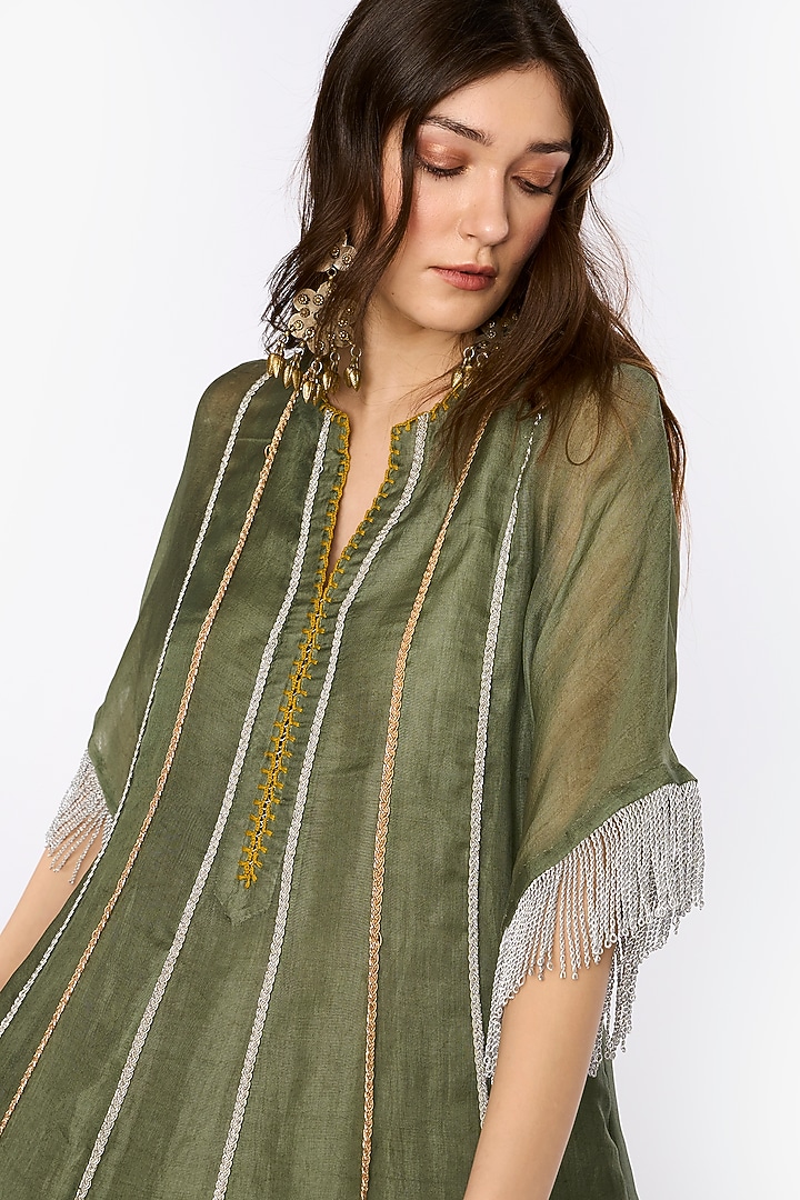 Sage Silk Organza Hand Embroidered Paneled Flared Tunic Set by HEIRLOOM by Rara Avis at Pernia's Pop Up Shop