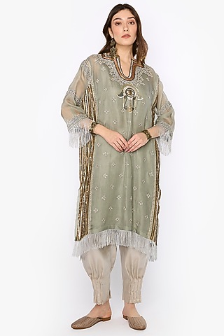 Sage Silk Organza Dabka & Aari Hand Embroidered Tunic Set by HEIRLOOM by Rara Avis
