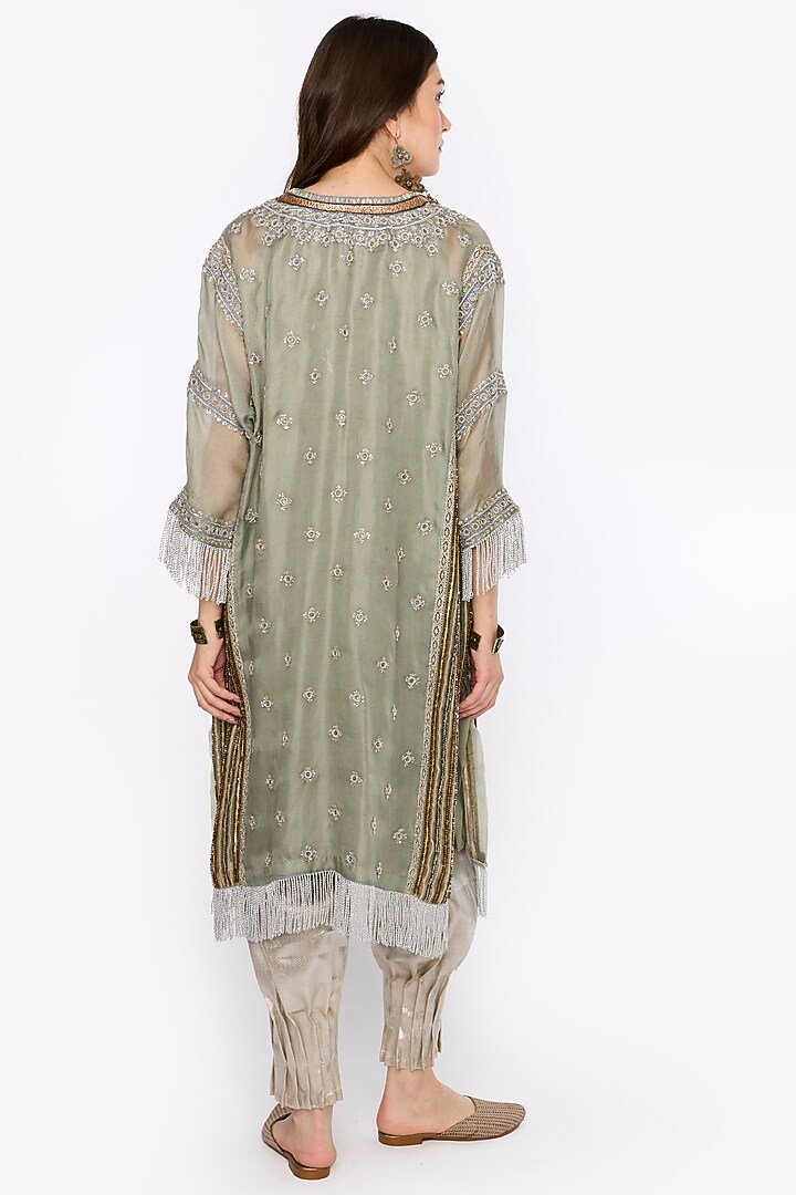 Sage Silk Organza Dabka & Aari Hand Embroidered Tunic Set by HEIRLOOM by Rara Avis at Pernia's Pop Up Shop