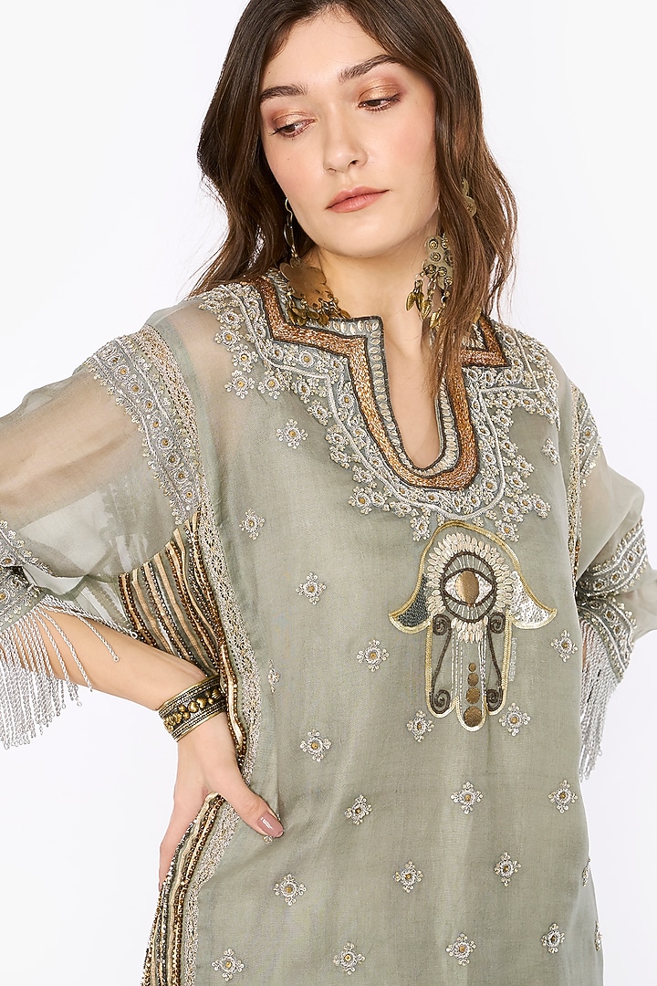 Sage Silk Organza Dabka & Aari Hand Embroidered Tunic Set by HEIRLOOM by Rara Avis at Pernia's Pop Up Shop