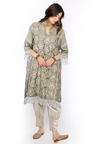 Sage Silk Organza Dabka & Aari Hand Embroidered Tunic Set by HEIRLOOM by Rara Avis
