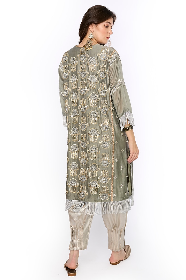 Sage Silk Organza Dabka & Aari Hand Embroidered Tunic Set by HEIRLOOM by Rara Avis at Pernia's Pop Up Shop