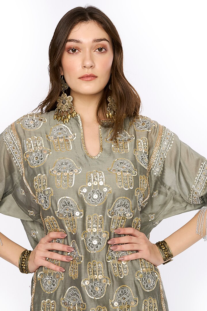 Sage Silk Organza Dabka & Aari Hand Embroidered Tunic Set by HEIRLOOM by Rara Avis at Pernia's Pop Up Shop