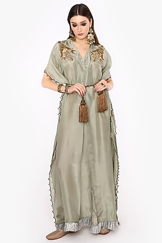 Light Sage Indian Silk Upada Motif Hand Embroidered Kaftan by HEIRLOOM by Rara Avis