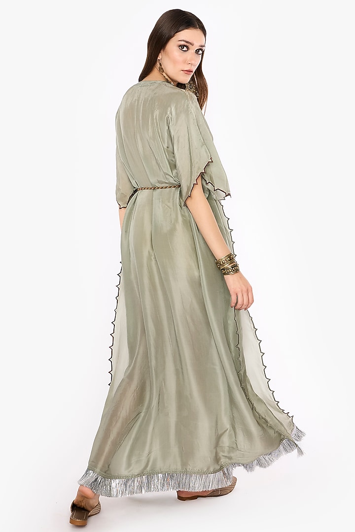 Light Sage Indian Silk Upada Motif Hand Embroidered Kaftan by HEIRLOOM by Rara Avis at Pernia's Pop Up Shop