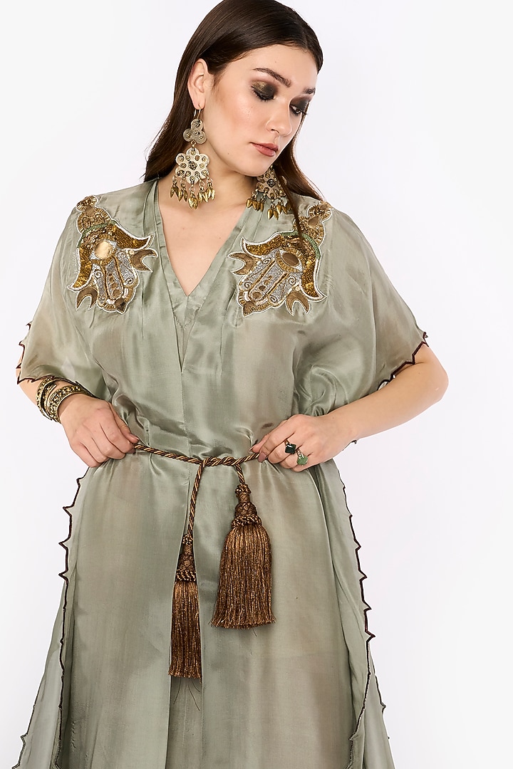 Light Sage Indian Silk Upada Motif Hand Embroidered Kaftan by HEIRLOOM by Rara Avis at Pernia's Pop Up Shop