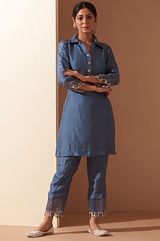Blue Opada Silk Kurta Set by The Hem'd
