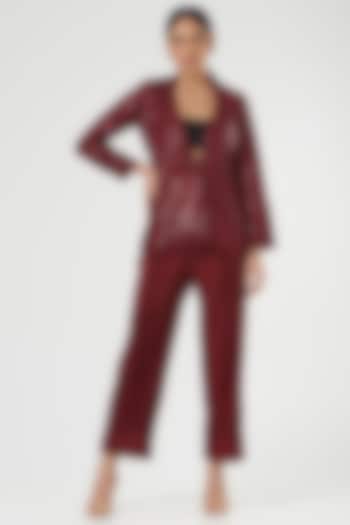 Maroon Suiting Embroidered Blazer by The Hem'd