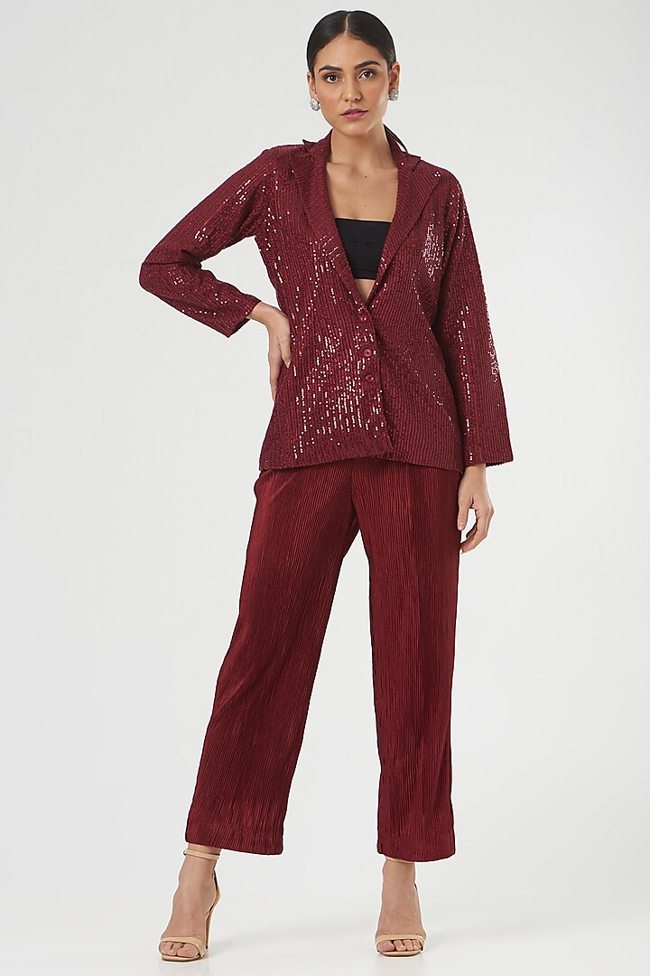 Maroon Suiting Embroidered Blazer by The Hem'd at Pernia's Pop Up Shop