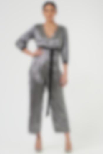 Metallic Silver Polyester Jumsuit by The Hem'd