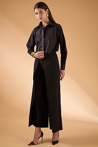Black Cotton Poplin & Banana Crepe Culotte Pant Set by The Hem'd