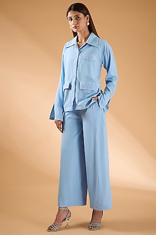 Blue Moss Crepe Thread Embroidered Co-Ord Set by The Hem'd