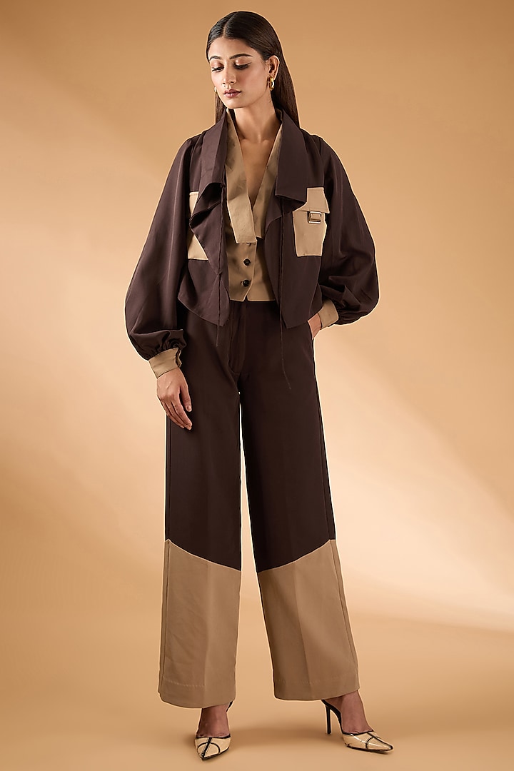 Brown & Beige Banana Crepe Jacket Set by The Hem'd at Pernia's Pop Up Shop