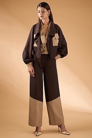 Brown & Beige Banana Crepe Jacket Set by The Hem'd