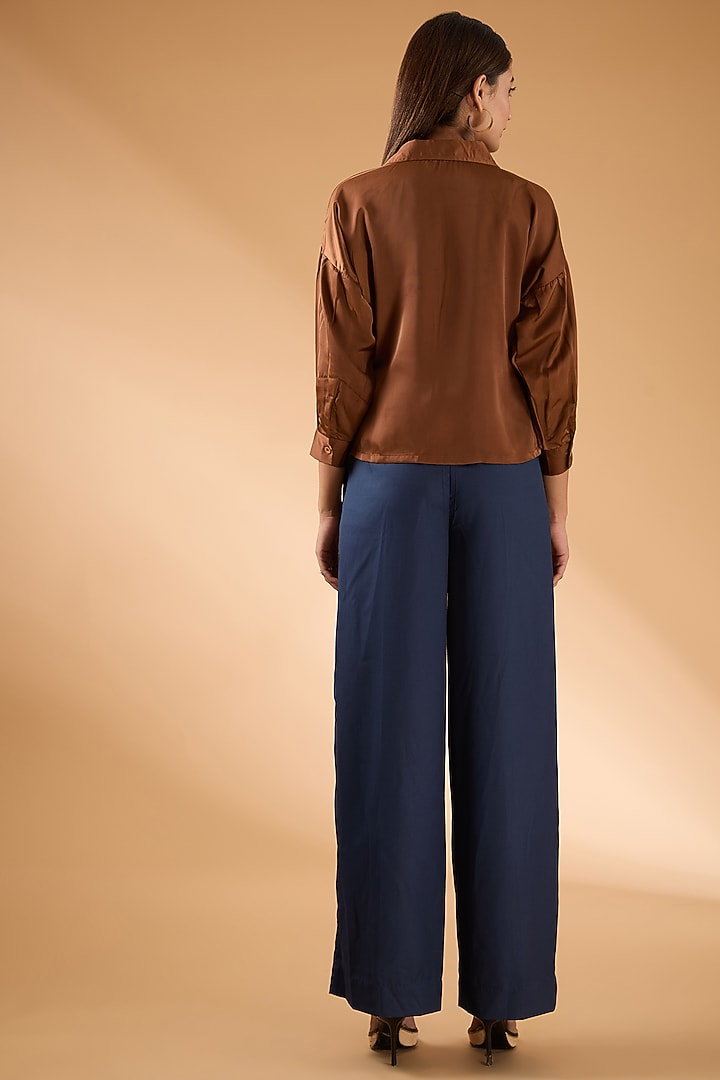 Brown & Blue Satin & Banana Crepe Co-Ord Set by The Hem'd at Pernia's Pop Up Shop