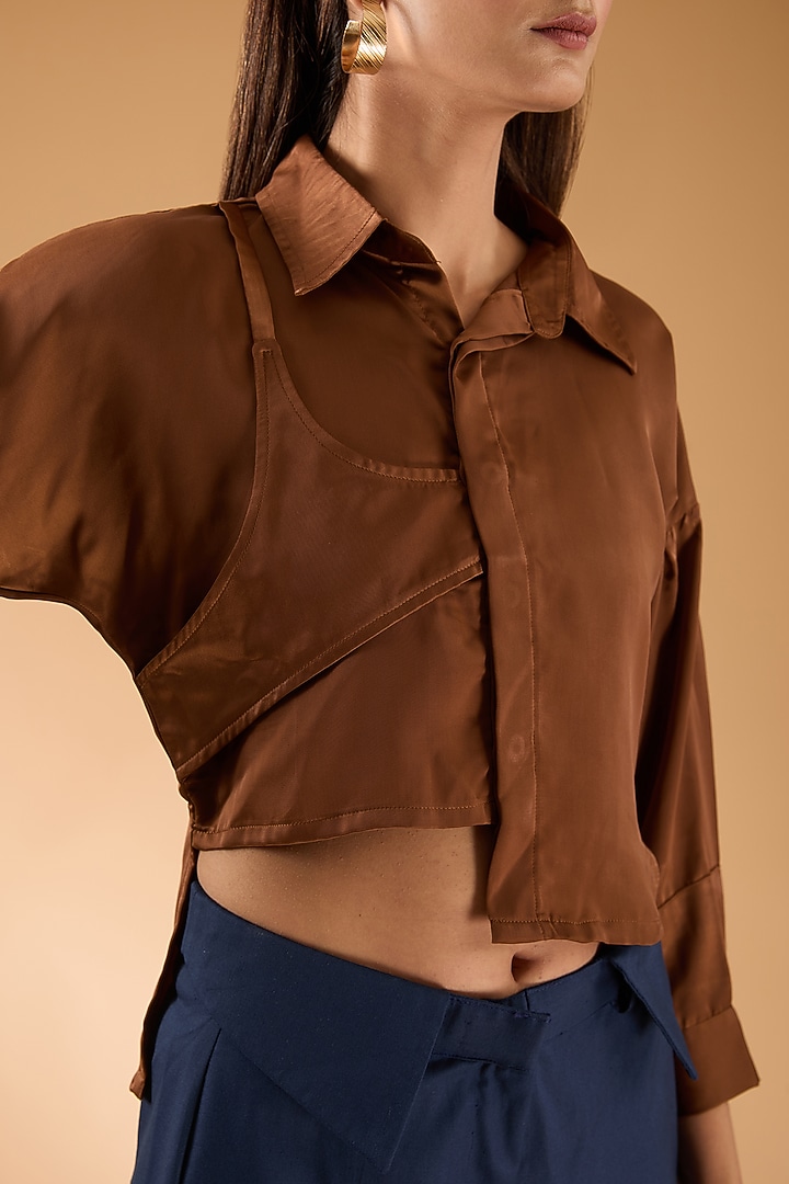Brown & Blue Satin & Banana Crepe Co-Ord Set by The Hem'd at Pernia's Pop Up Shop
