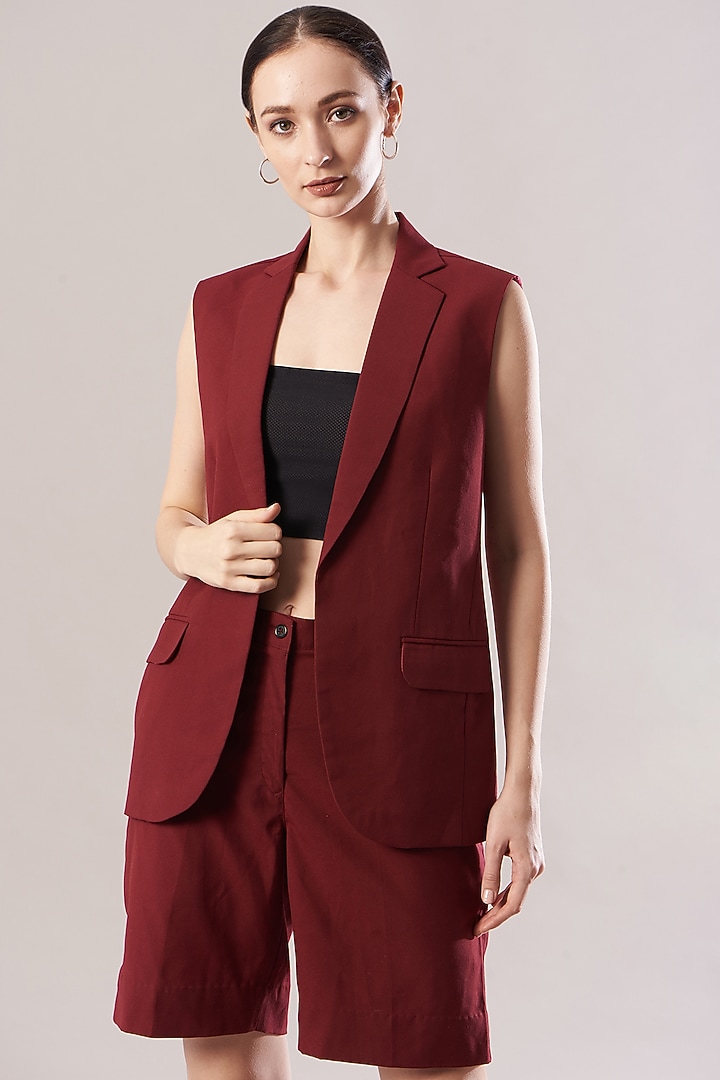 Red Single Breasted Short Gilet by The Hem'd at Pernia's Pop Up Shop