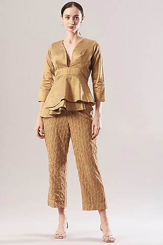 Toffee Lurex Asymmetric Peplum Top by The Hem'd