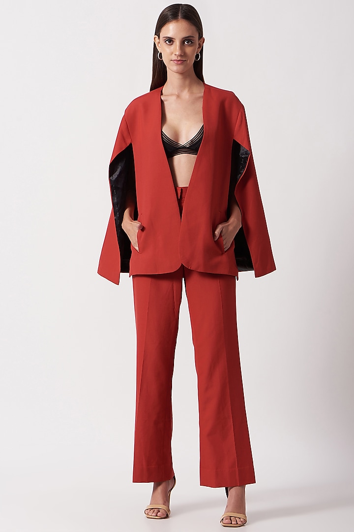 Red Woven Cape Blazer by The Hem'd