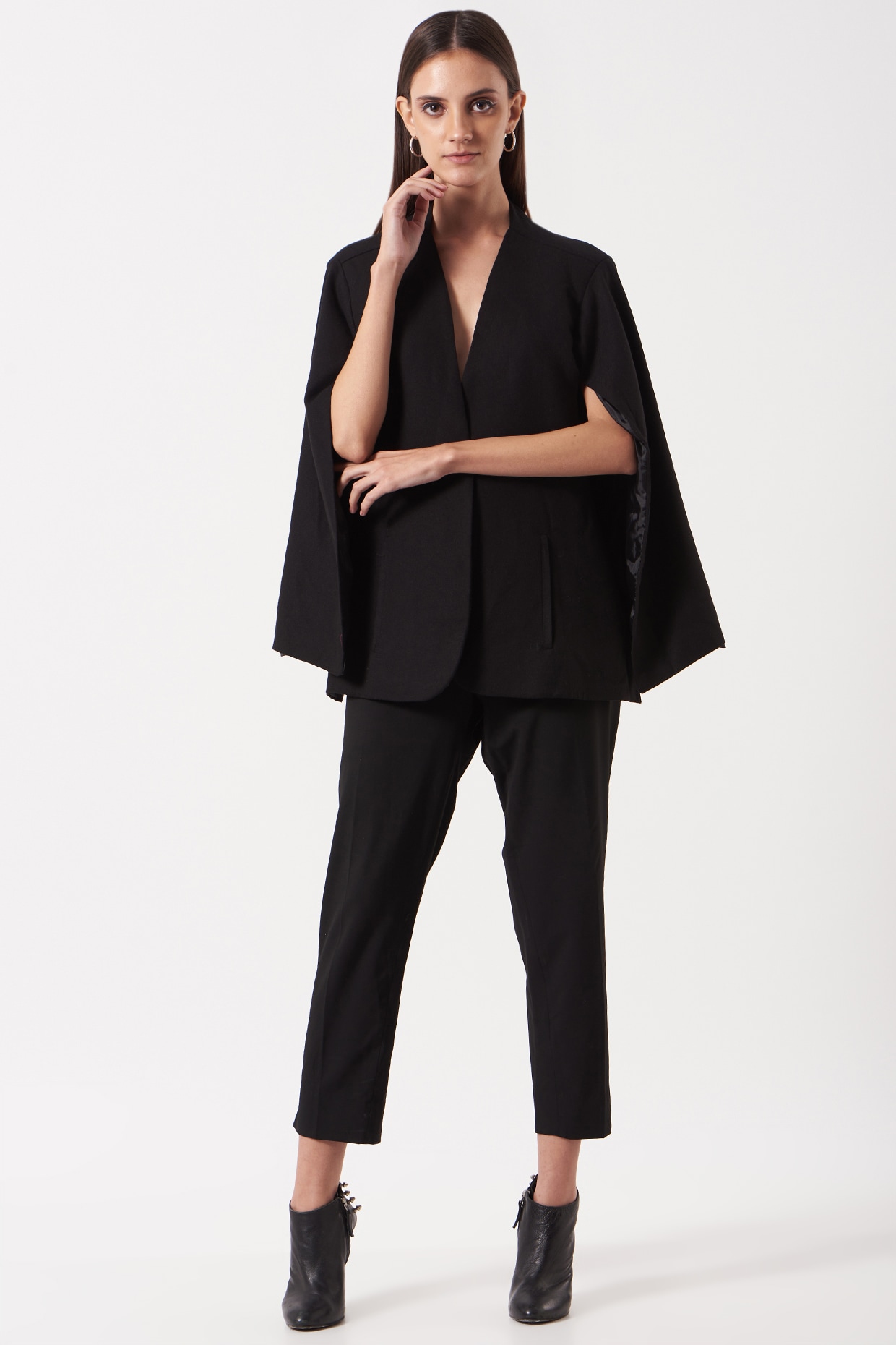 Black Woven Cape Blazer Set Design by The Hem'd at Pernia's Pop Up
