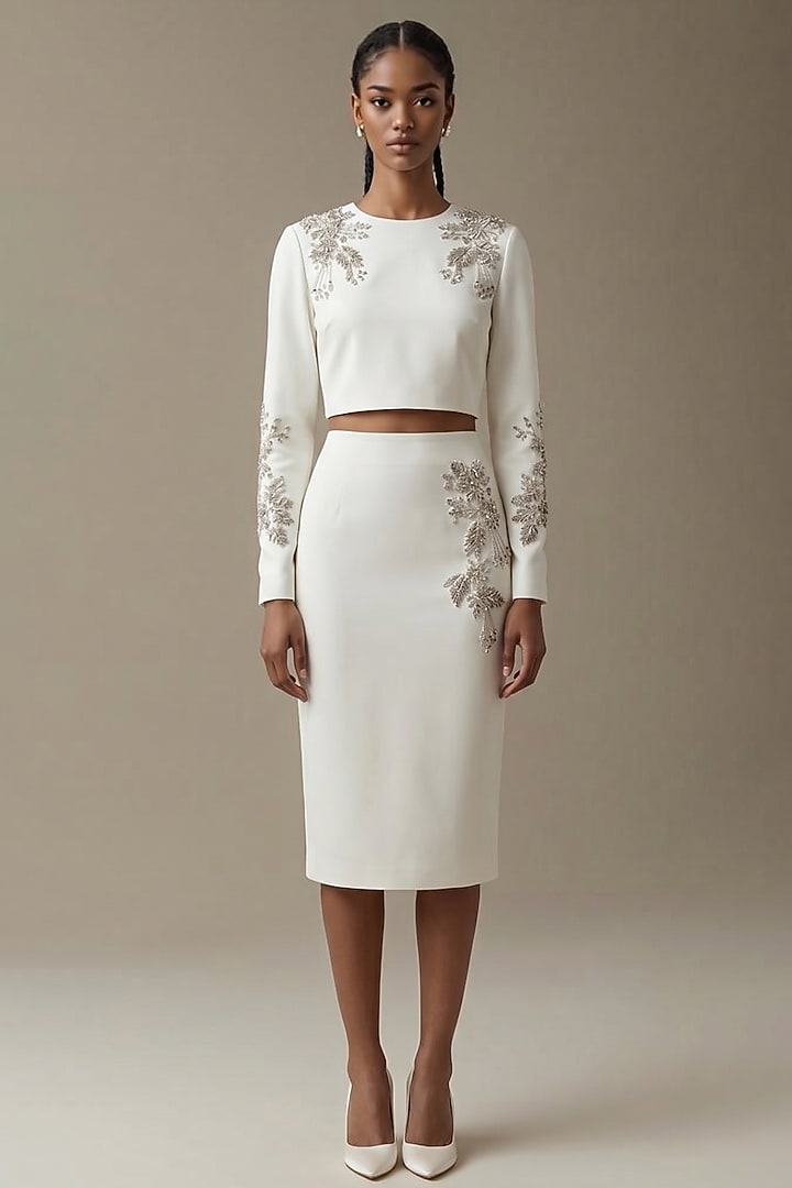 Ivory Neoprene Hand Embroidered Skirt Set by House of NSJ at Pernia's Pop Up Shop