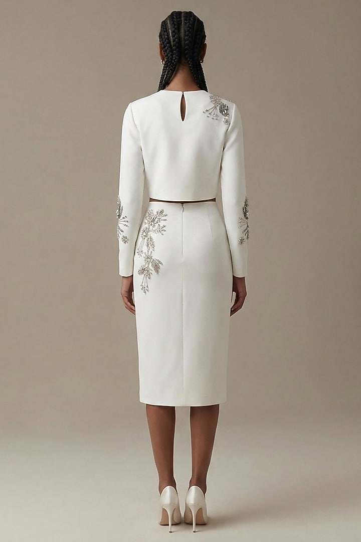 Ivory Neoprene Hand Embroidered Skirt Set by House of NSJ at Pernia's Pop Up Shop