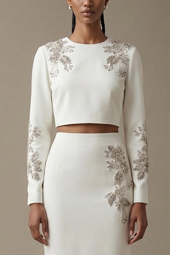 Ivory Neoprene Hand Embroidered Skirt Set by House of NSJ at Pernia's Pop Up Shop