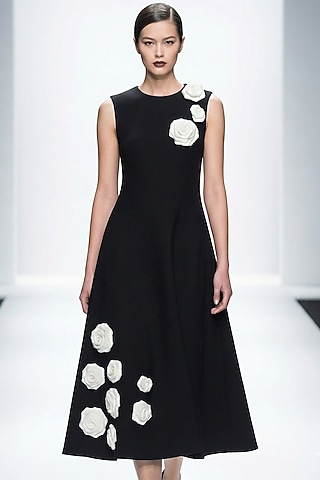 Black Neoprene & Spandex Hand Embroidered Midi Dress by House of NSJ