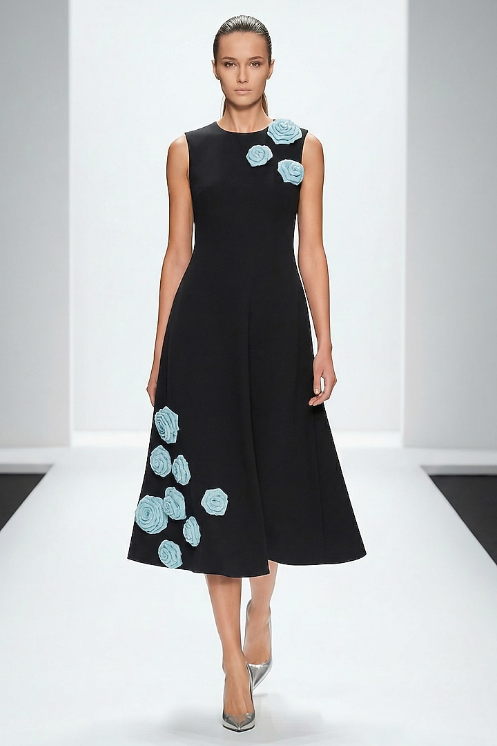Black Neoprene & Spandex Hand Embroidered Midi Dress by House of NSJ at Pernia's Pop Up Shop