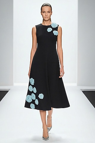 Black Neoprene & Spandex Hand Embroidered Midi Dress by House of NSJ