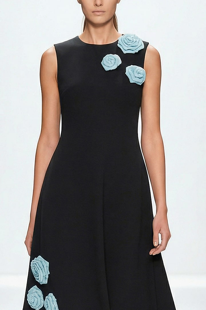 Black Neoprene & Spandex Hand Embroidered Midi Dress by House of NSJ at Pernia's Pop Up Shop